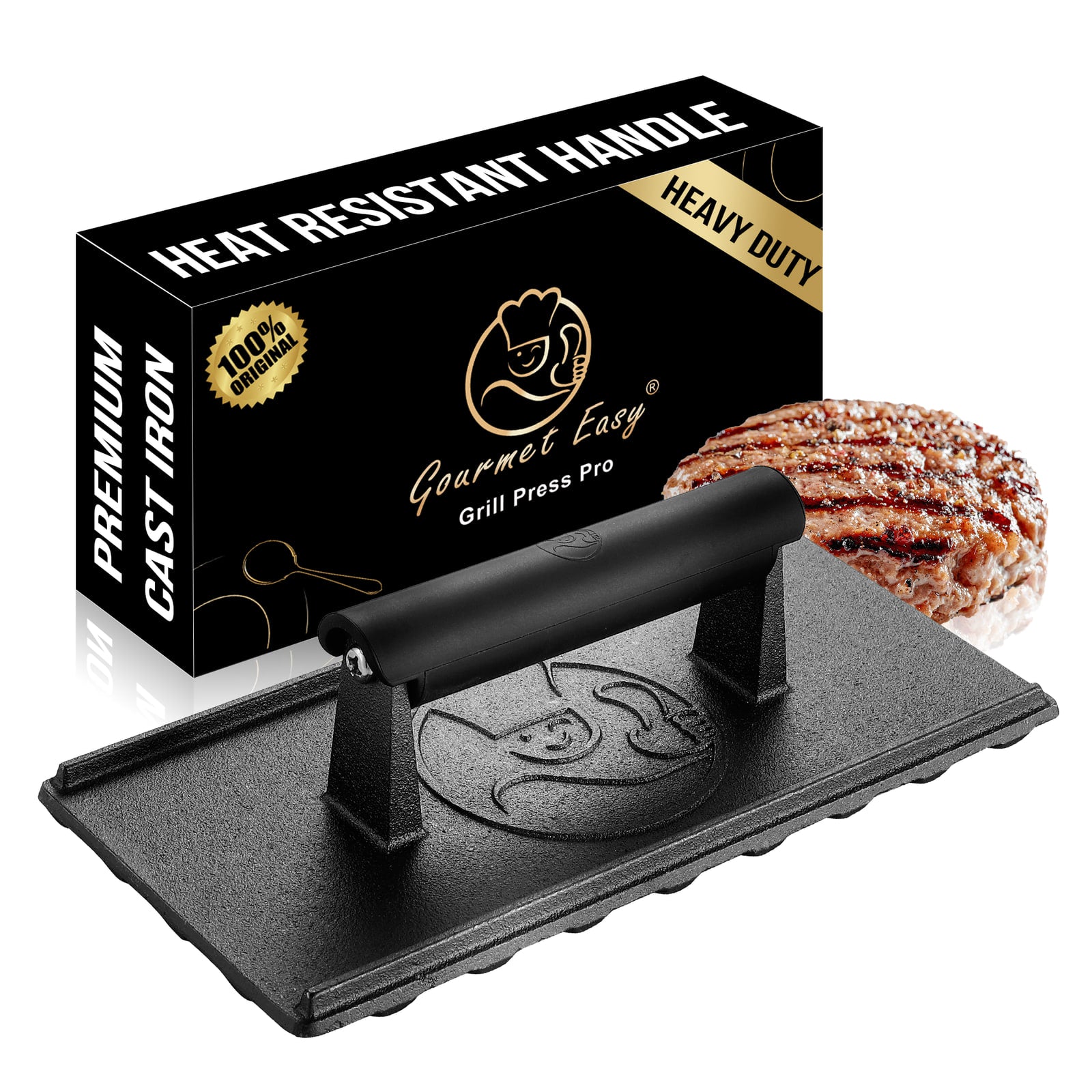 Gourmet Easy Cast Iron Grill Press with its heat-resistant-handle gift box and a burger