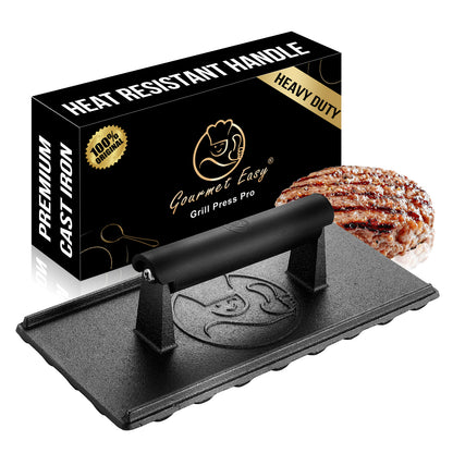 Gourmet Easy Cast Iron Grill Press with its heat-resistant-handle gift box and a burger