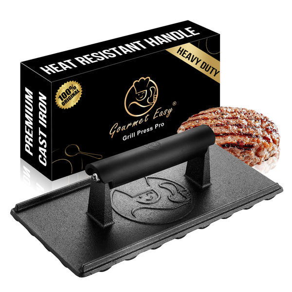 Gourmet Easy Cast Iron Grill Press with its heat-resistant-handle gift box and a burger