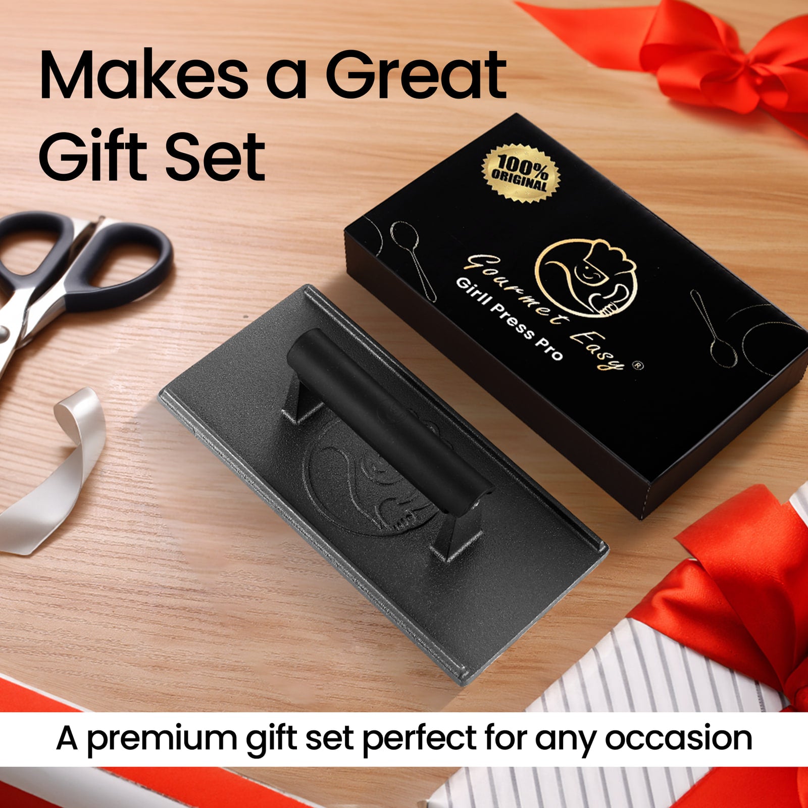 Cast Iron Grill Press presented in a black gift box with ribbon