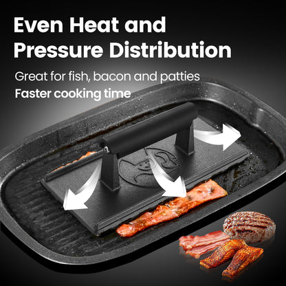 Even heat and pressure distribution — great for fish, bacon and patties, faster cooking time