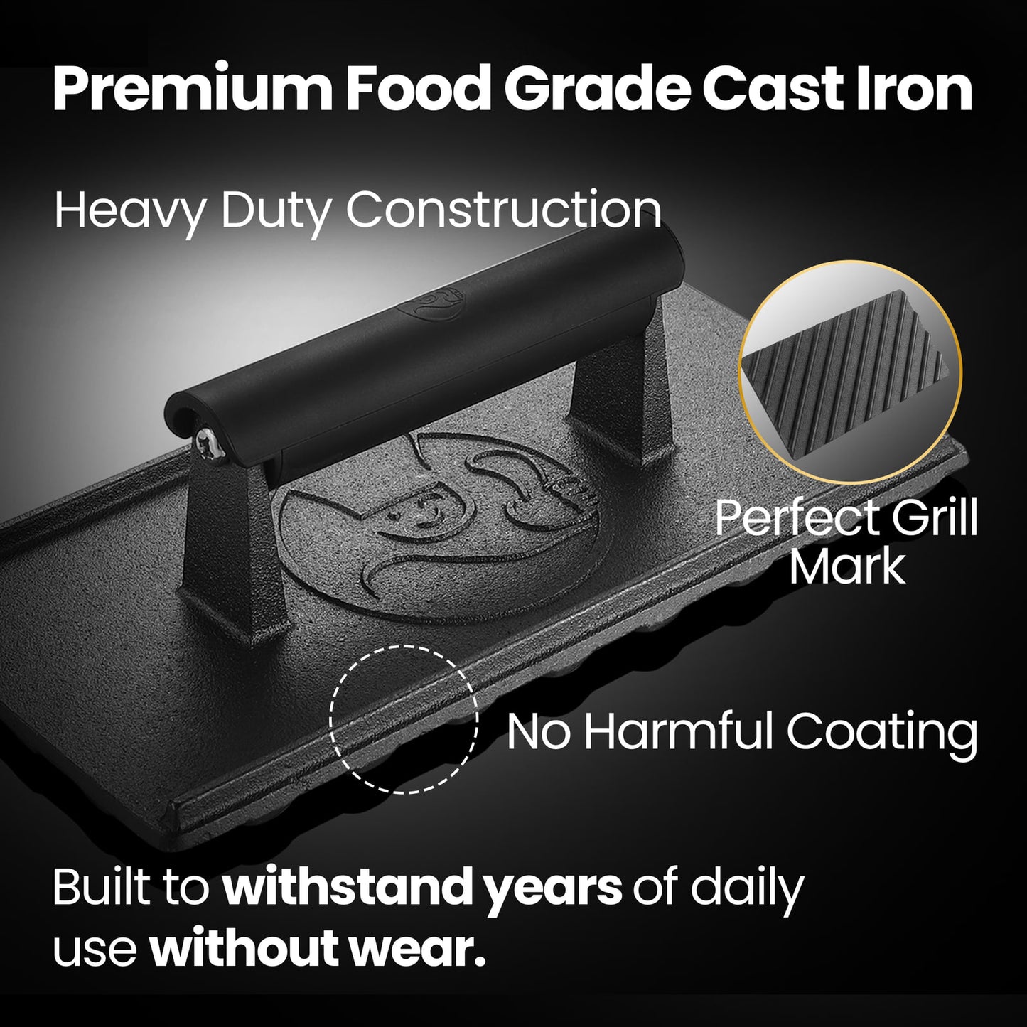 Premium food grade cast iron, heavy duty, leaves perfect grill marks, no harmful coating