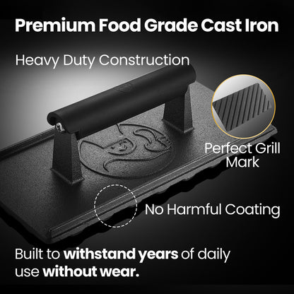 Premium food grade cast iron, heavy duty, leaves perfect grill marks, no harmful coating