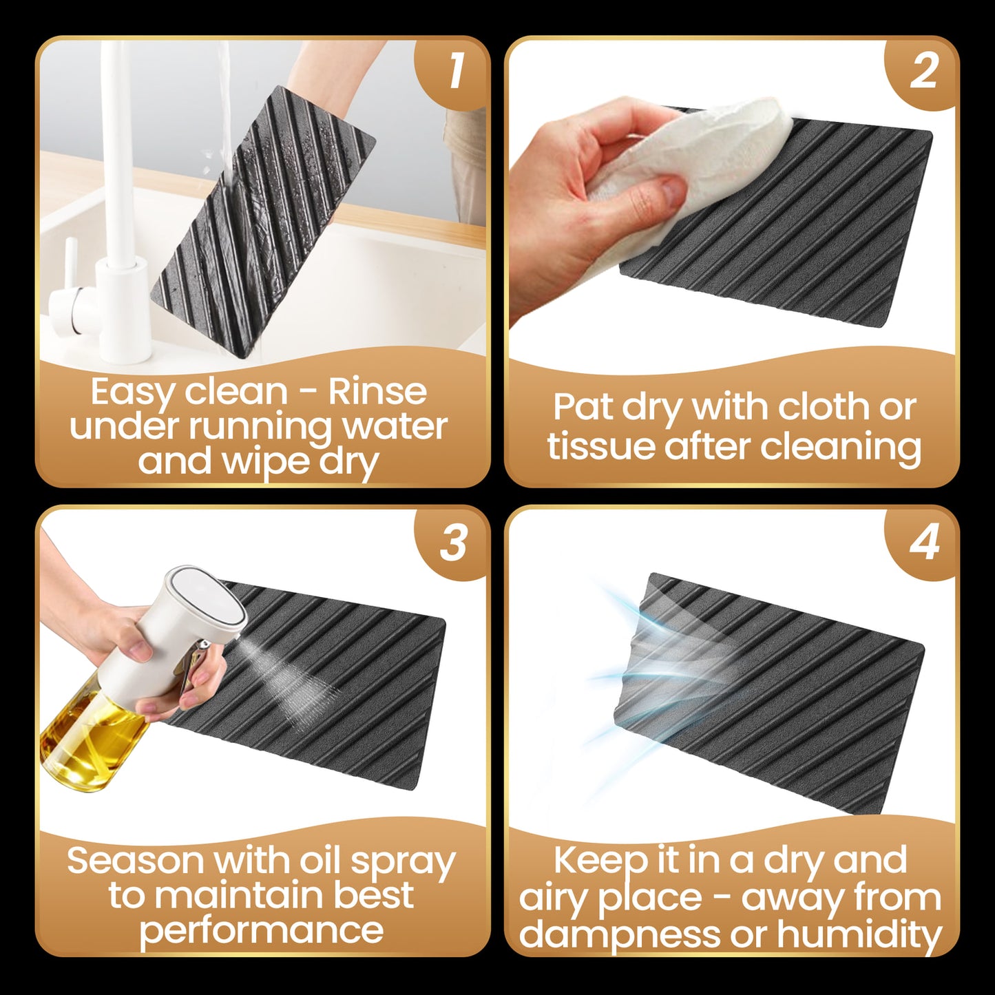 Care steps: rinse under running water, pat dry, season with oil spray, store somewhere dry