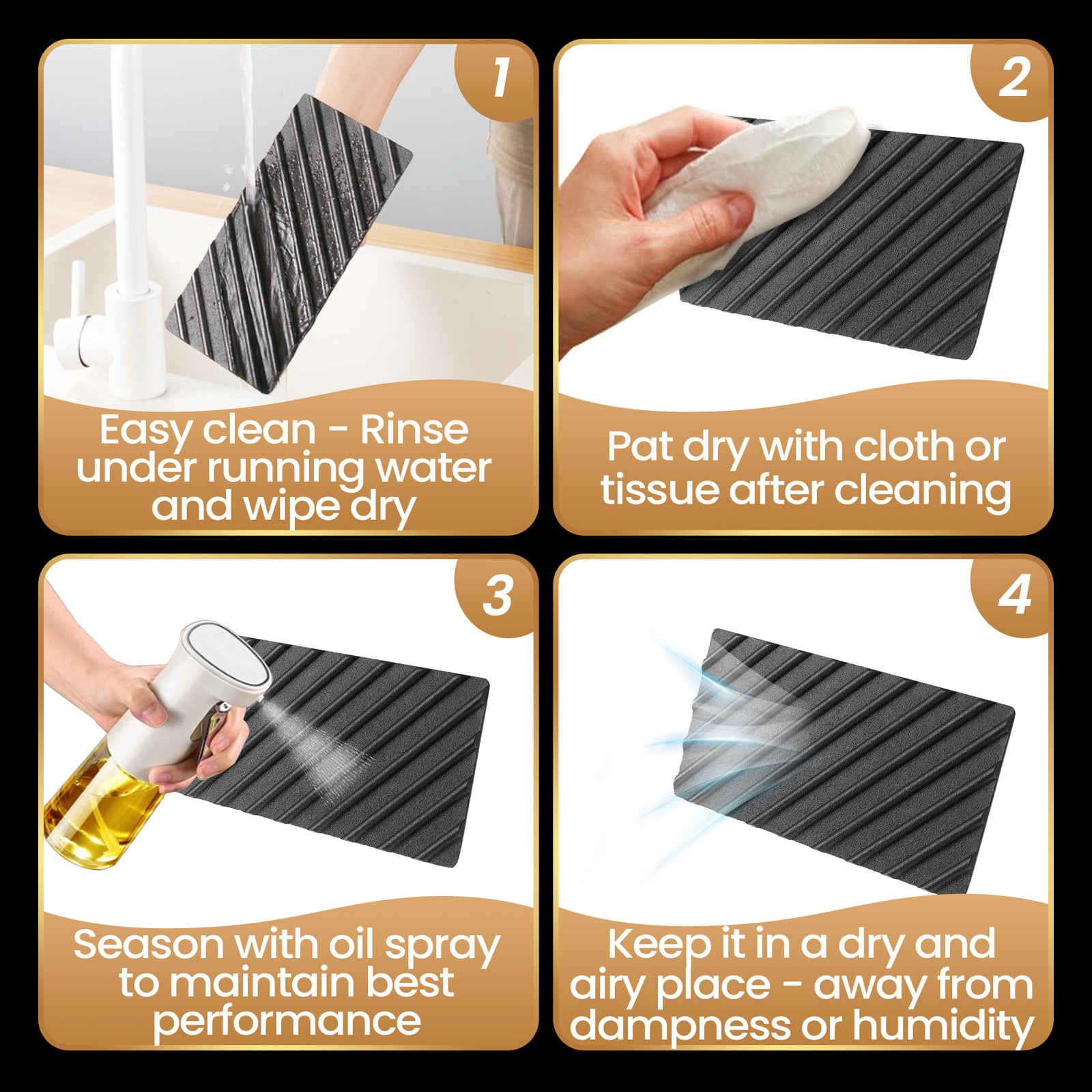 Care steps: rinse under running water, pat dry, season with oil spray, store somewhere dry