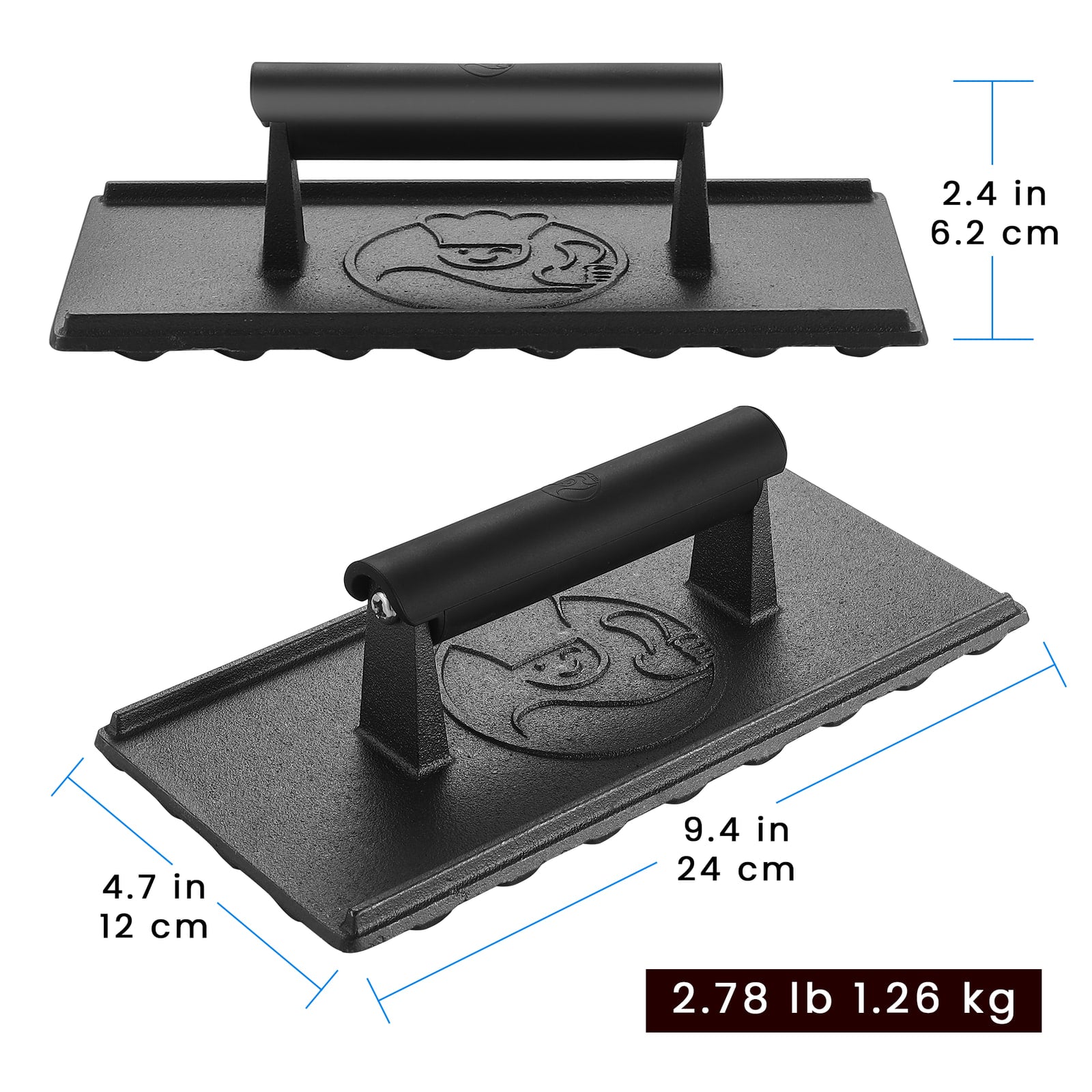Cast Iron Grill Press dimensions: 9.4 in long, 4.7 in wide, 2.4 in tall, 2.78 lb