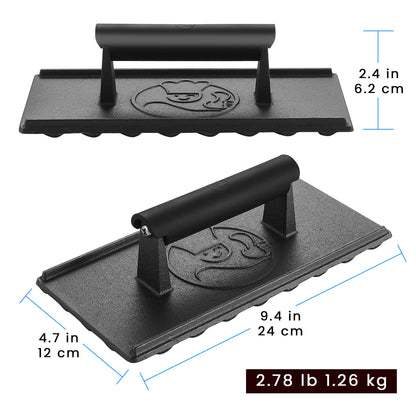 Cast Iron Grill Press dimensions: 9.4 in long, 4.7 in wide, 2.4 in tall, 2.78 lb