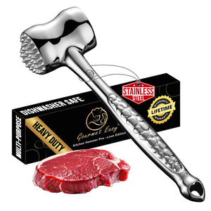 Gourmet Easy Meat Tenderizer Love Edition with its gift box and a raw steak