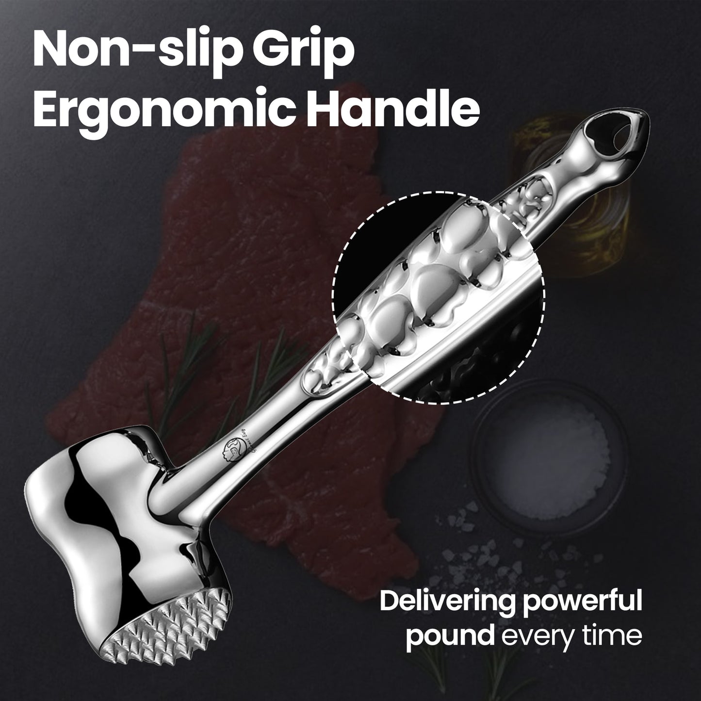 Non-slip grip ergonomic handle, delivering a powerful pound every time