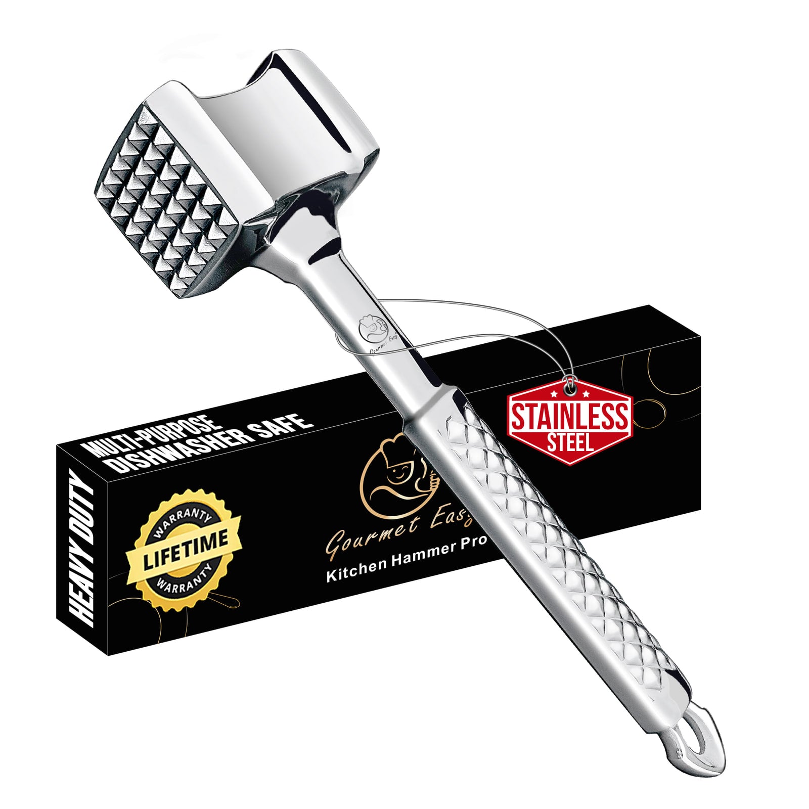 Gourmet Easy Meat Tenderizer with its multi-purpose gift box and a lifetime warranty badge