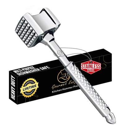 Gourmet Easy Meat Tenderizer with its multi-purpose gift box and a lifetime warranty badge