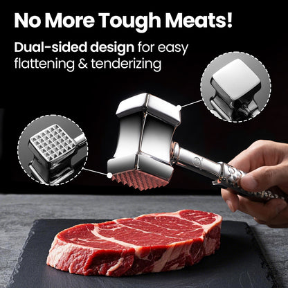 No more tough meats — dual-sided head for easy flattening and tenderizing a steak