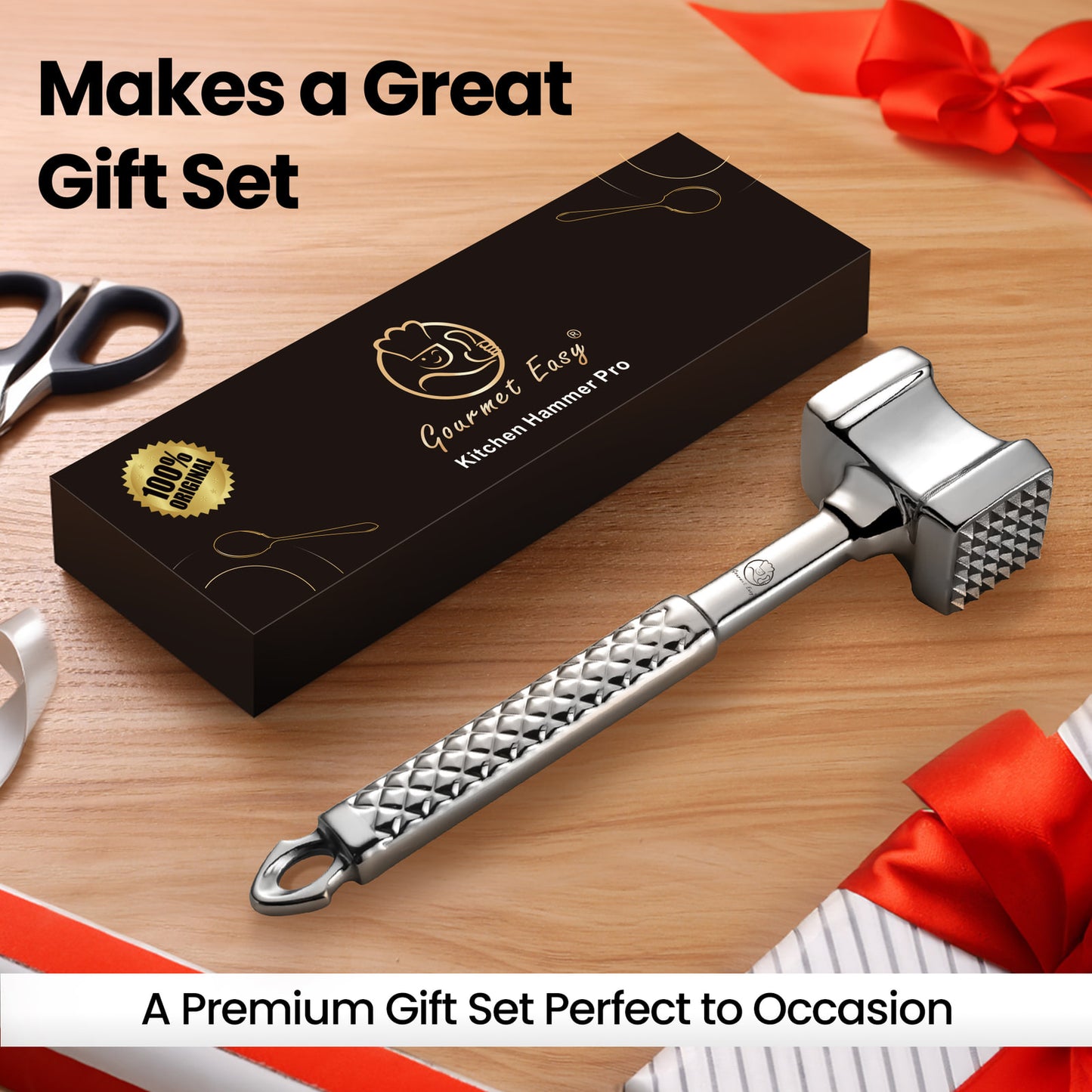 Meat Tenderizer presented in a black gift box with ribbon