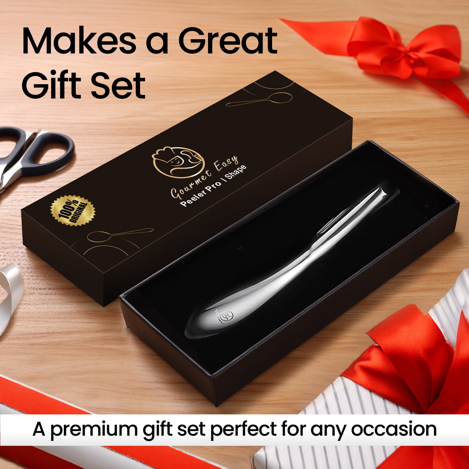 I Peeler presented in a black gift box with ribbon