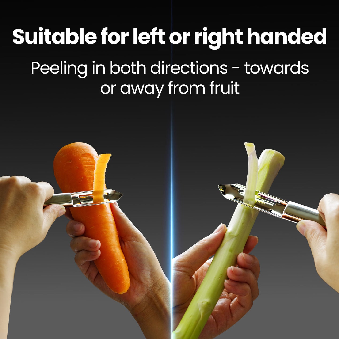 Suitable for left or right handed use — peeling towards or away from the fruit