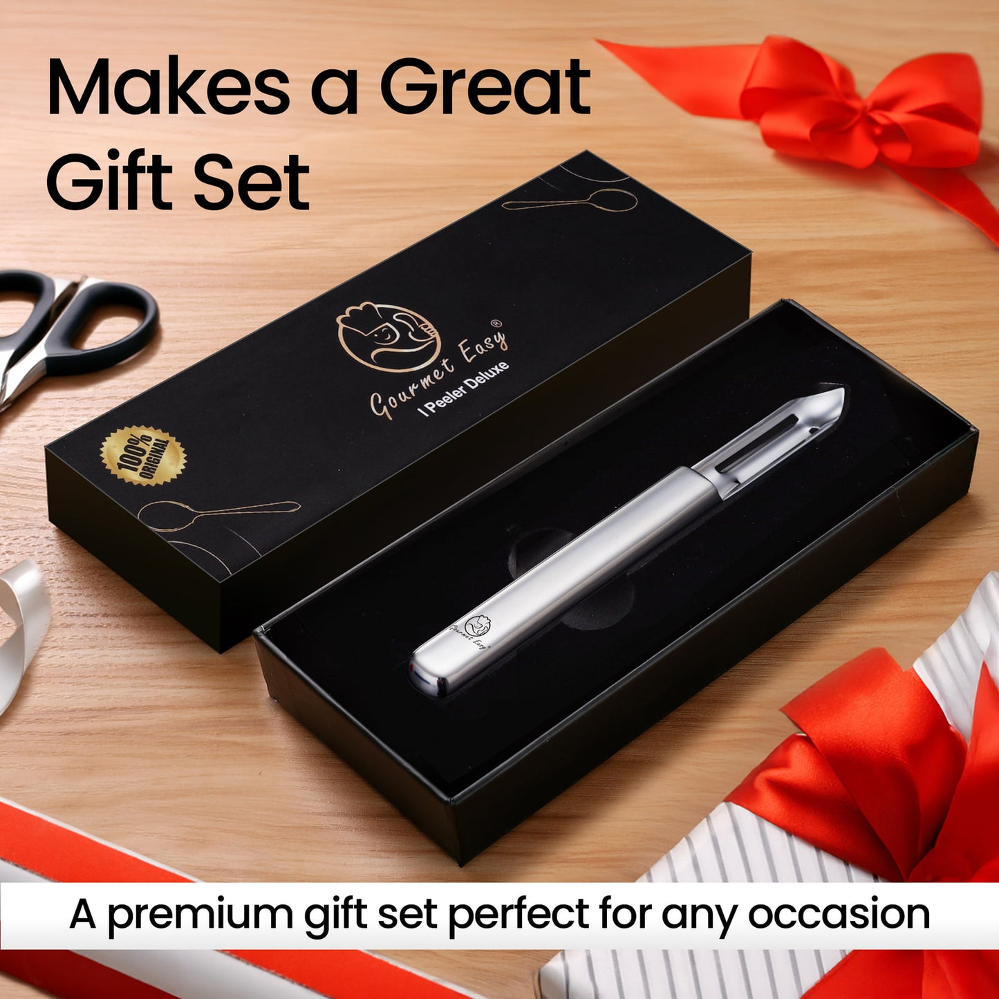 I Peeler Deluxe presented in a black gift box with ribbon