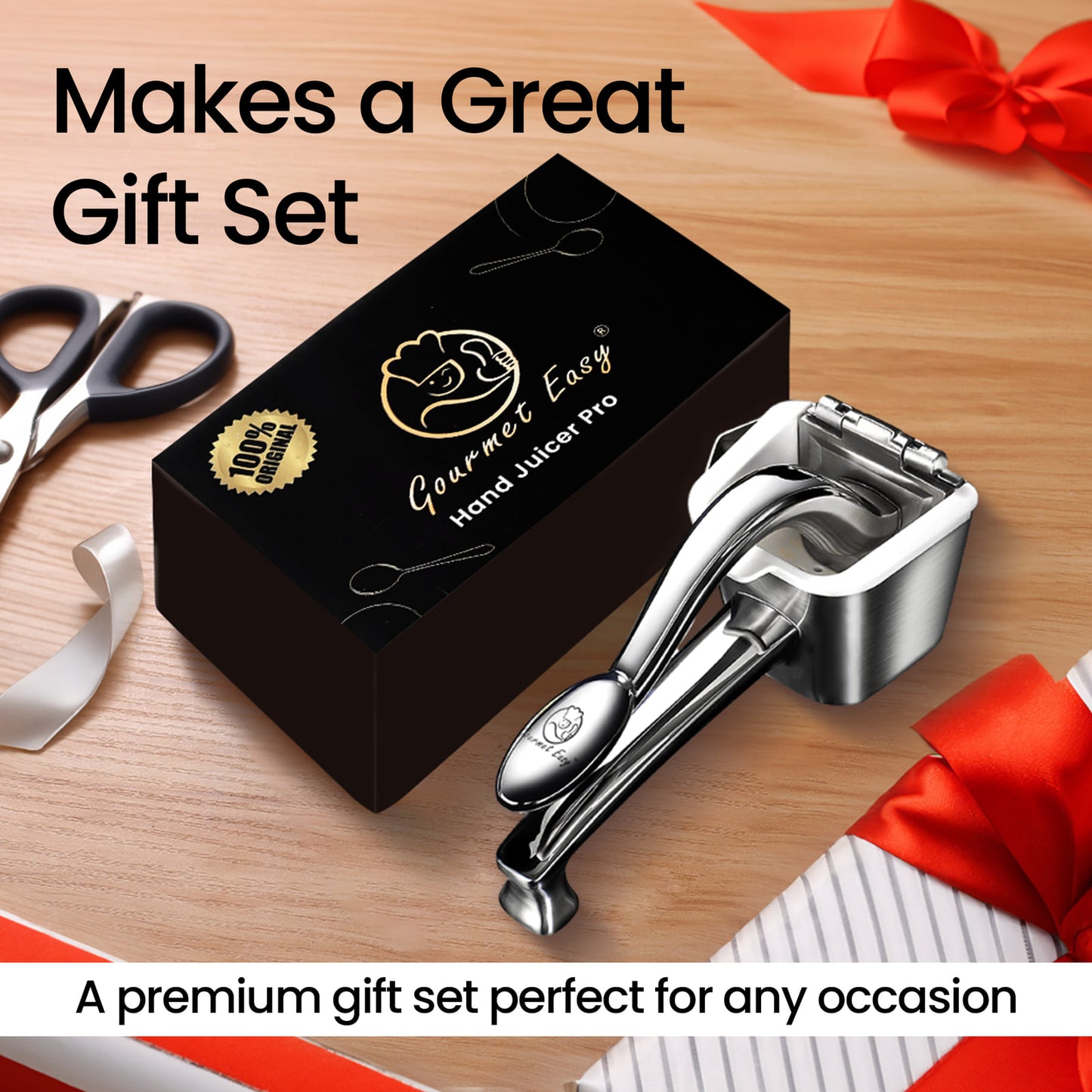 Juicer presented in a black gift box with ribbon