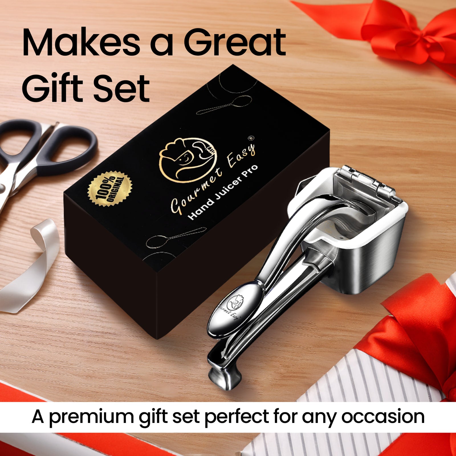 Juicer presented in a black gift box with ribbon