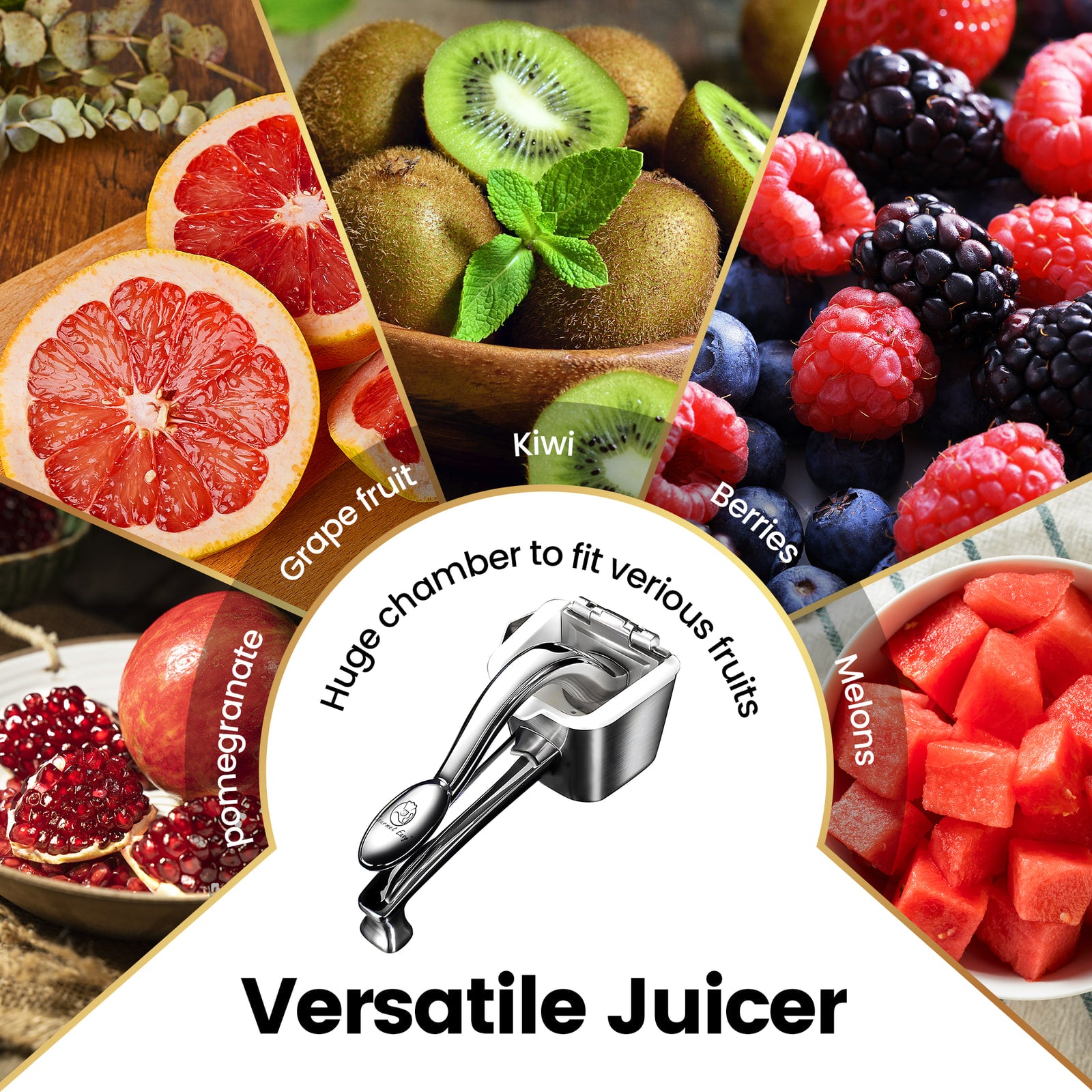 Versatile juicer with a huge chamber for grapefruit, kiwi, berries, pomegranate and melon