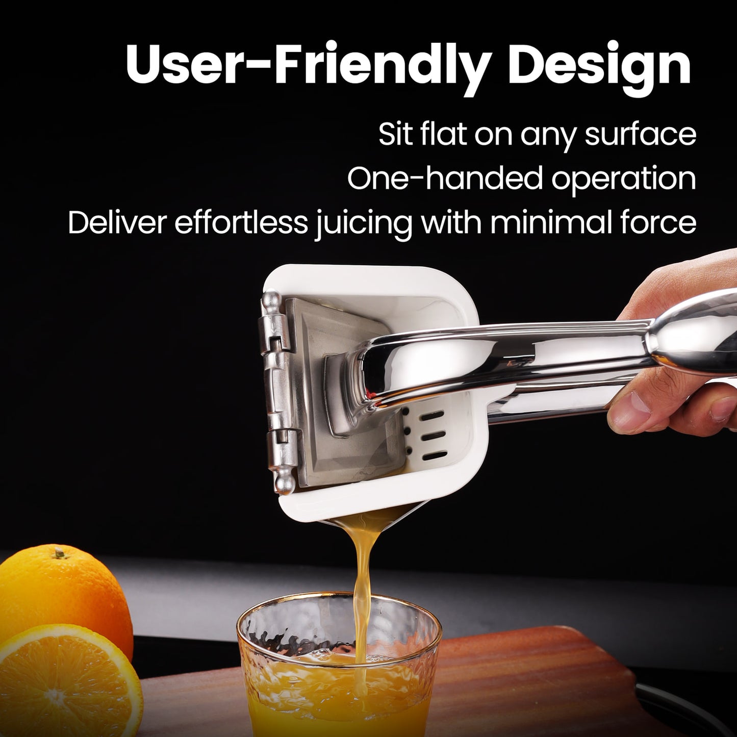 User-friendly design — sits flat, one-handed operation, juicing with minimal force