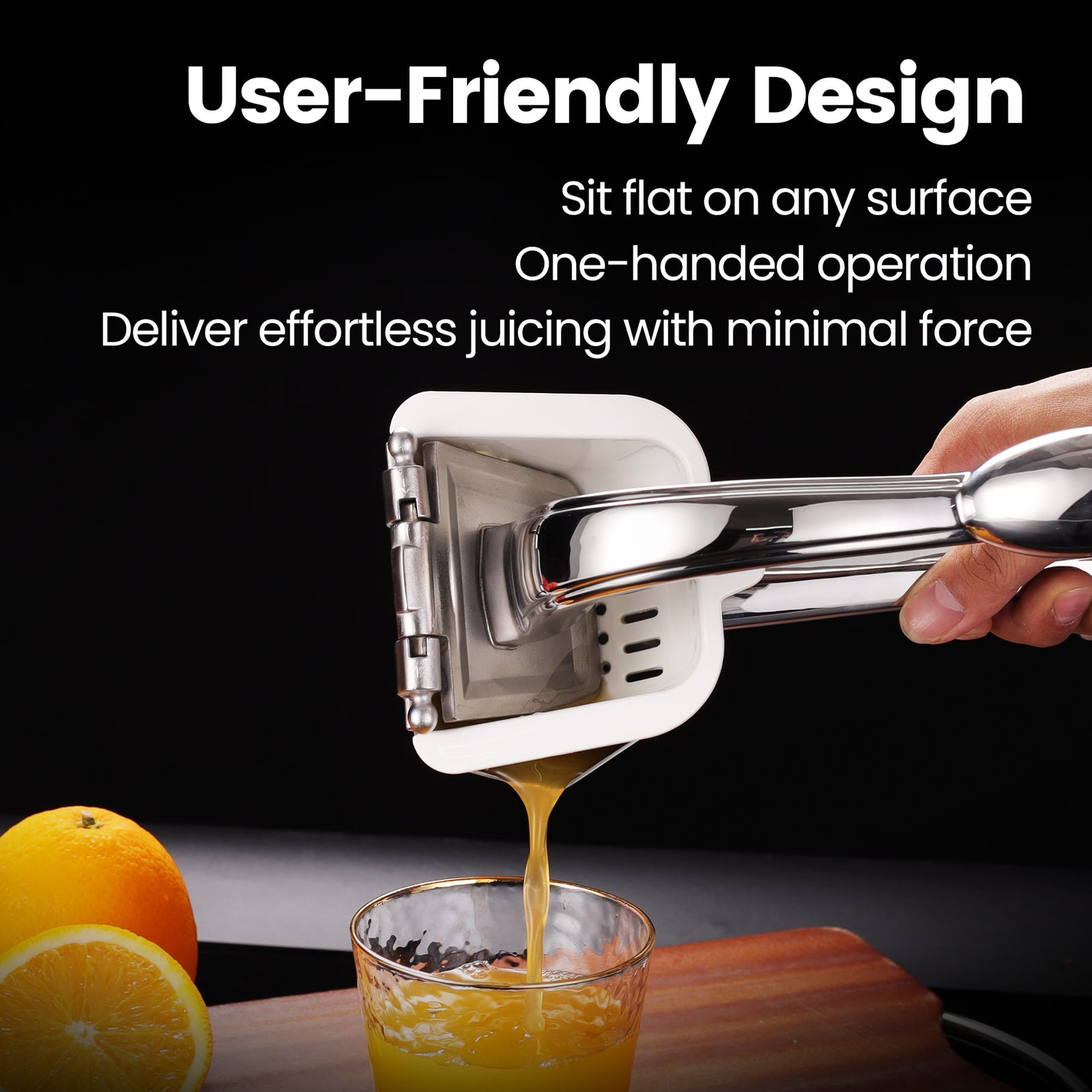 User-friendly design — sits flat, one-handed operation, juicing with minimal force