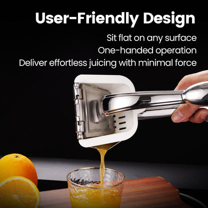 User-friendly design — sits flat, one-handed operation, juicing with minimal force