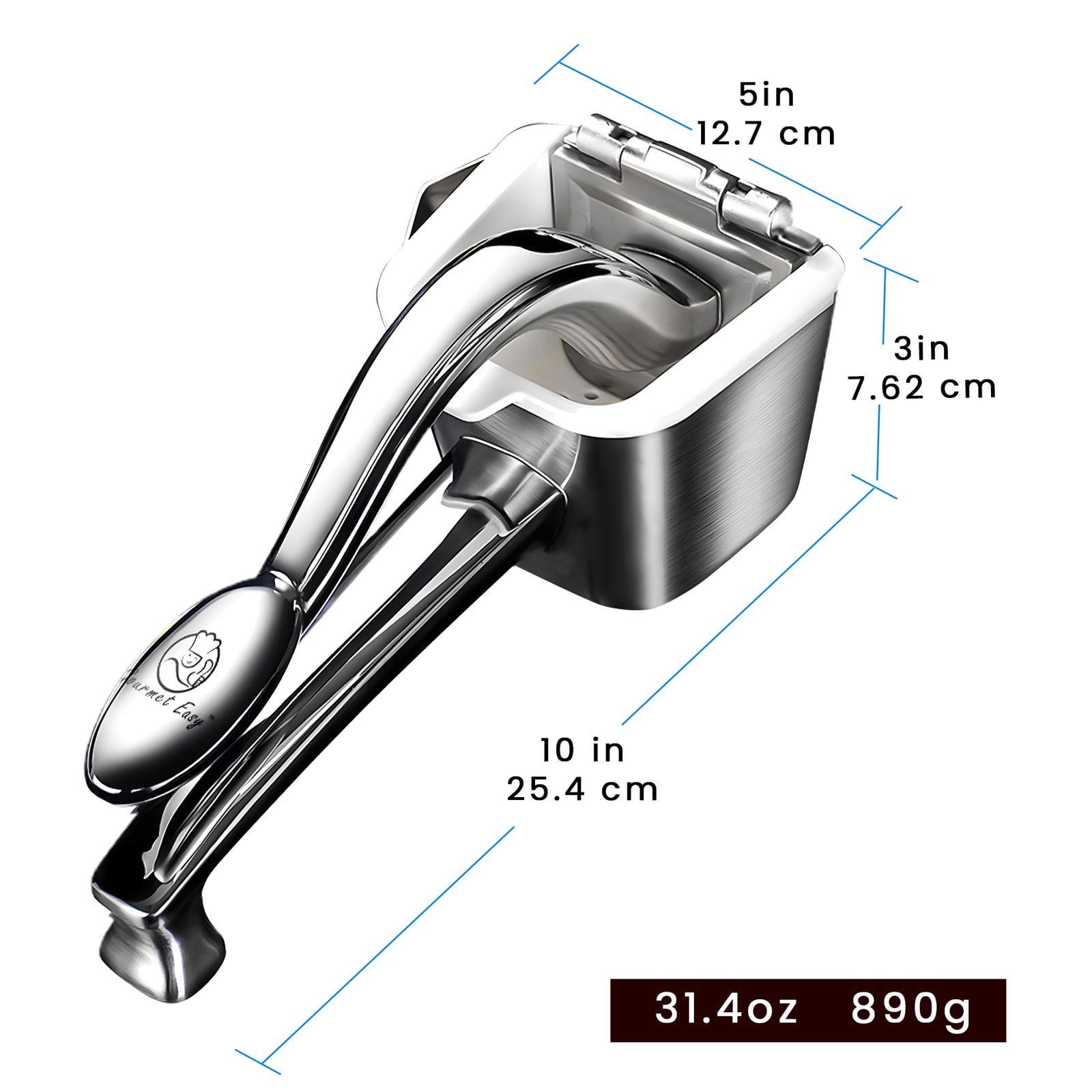 Juicer dimensions: 10 in long, 5 in wide, 3 in tall, 31.4 oz