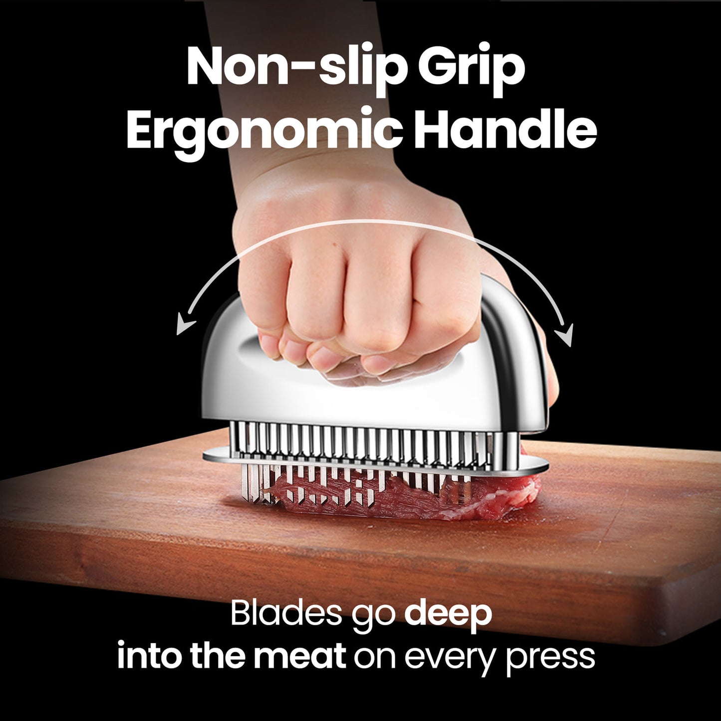 Non-slip grip ergonomic handle — blades go deep into the meat on every press