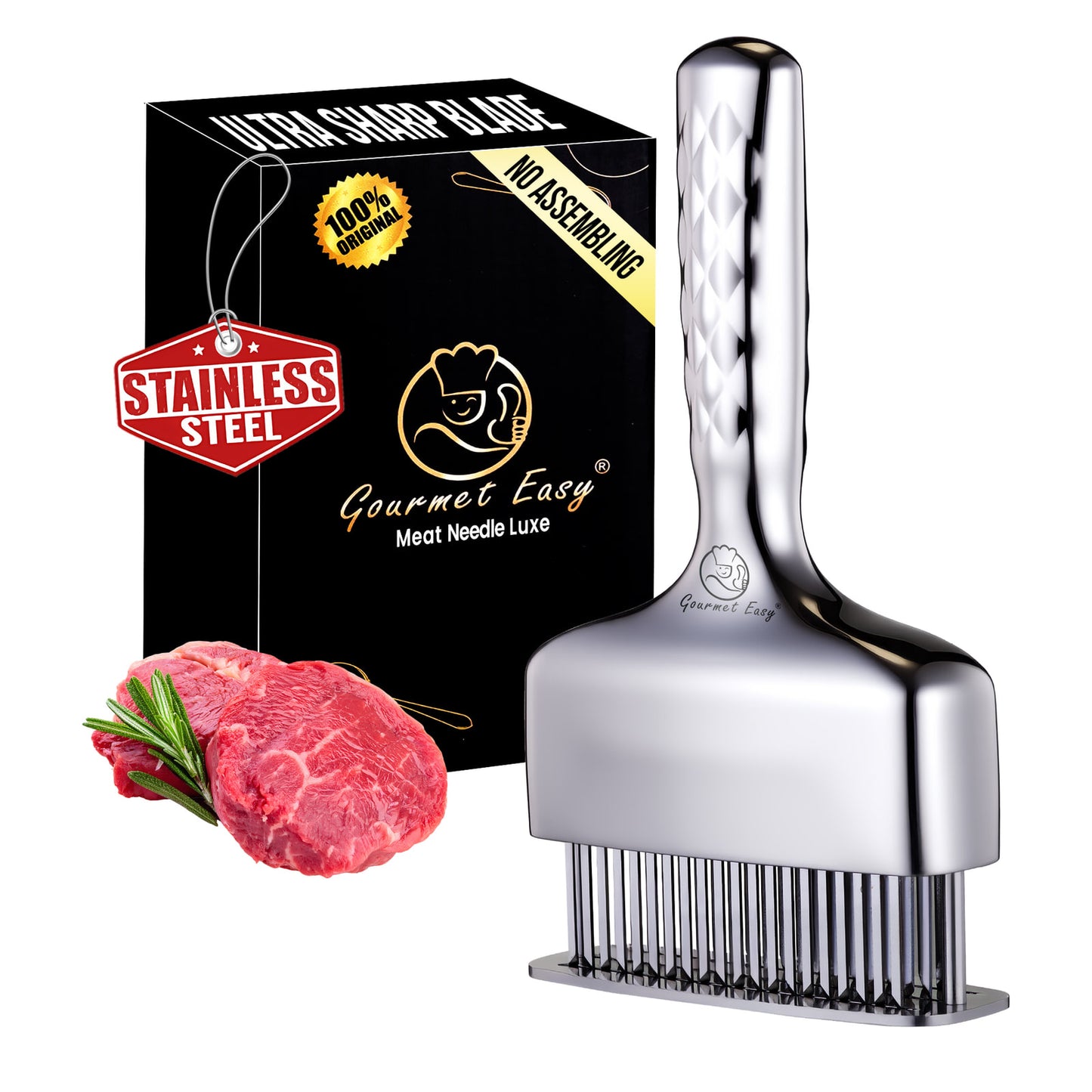 Gourmet Easy Meat Needle Luxe with its gift box and a raw steak