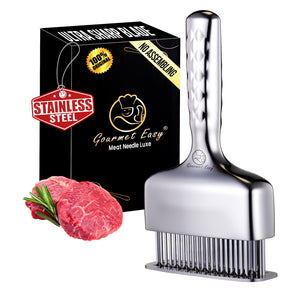 Gourmet Easy Meat Needle Luxe with its gift box and a raw steak