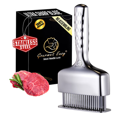 Gourmet Easy Meat Needle Luxe with its gift box and a raw steak