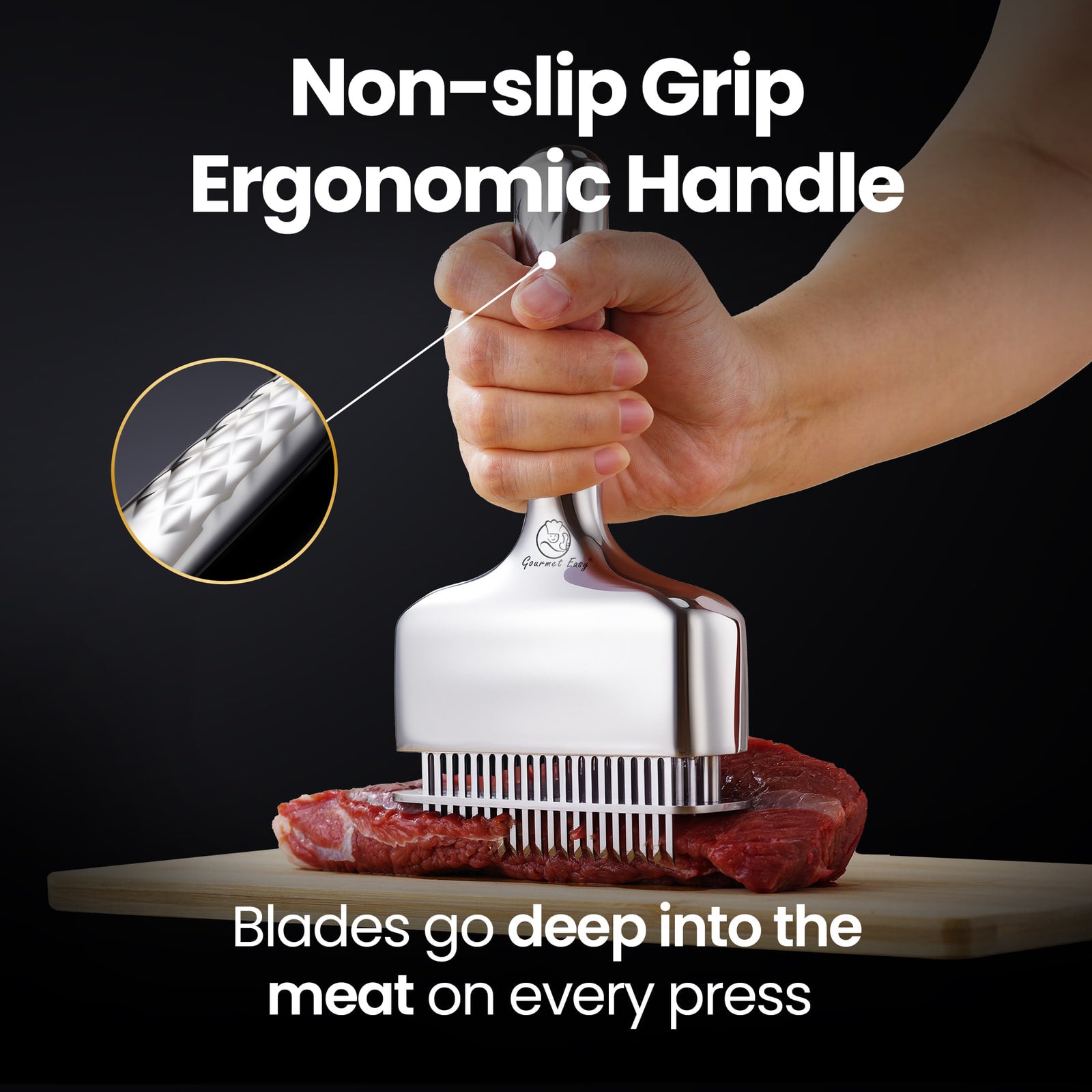 Non-slip grip ergonomic handle — blades go deep into the meat on every press