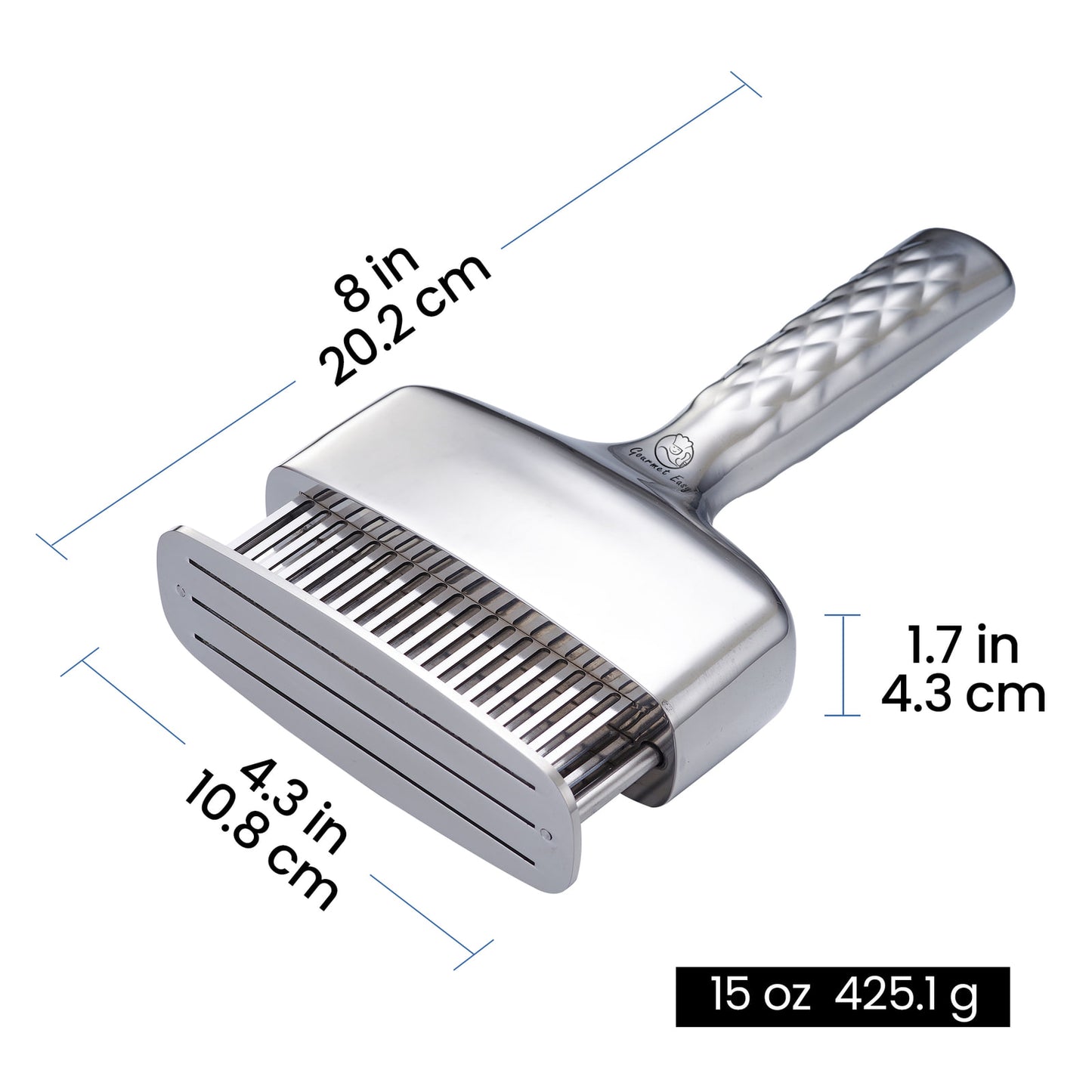 Meat Needle Luxe dimensions: 8 in long, 4.3 in wide, 1.7 in deep, 15 oz