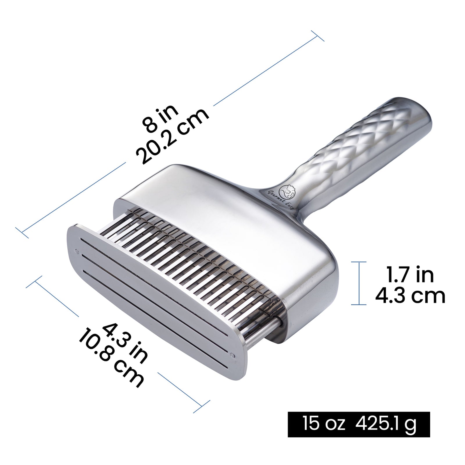 Meat Needle Luxe dimensions: 8 in long, 4.3 in wide, 1.7 in deep, 15 oz