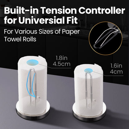 Built-in tension controller for a universal fit across paper towel roll sizes
