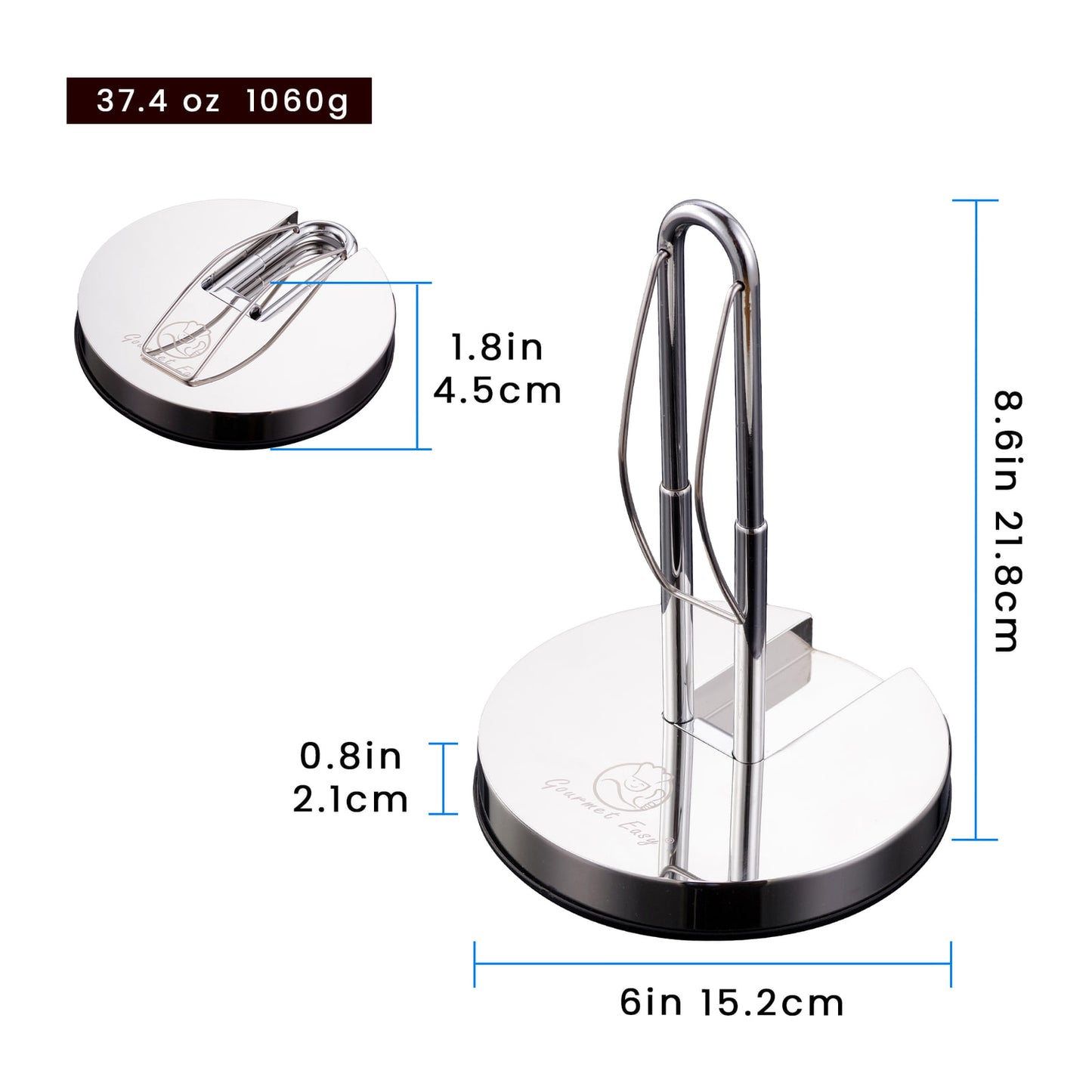Kitchen Paper Towel Holder dimensions: 8.6 in tall, 6 in base, 37.4 oz