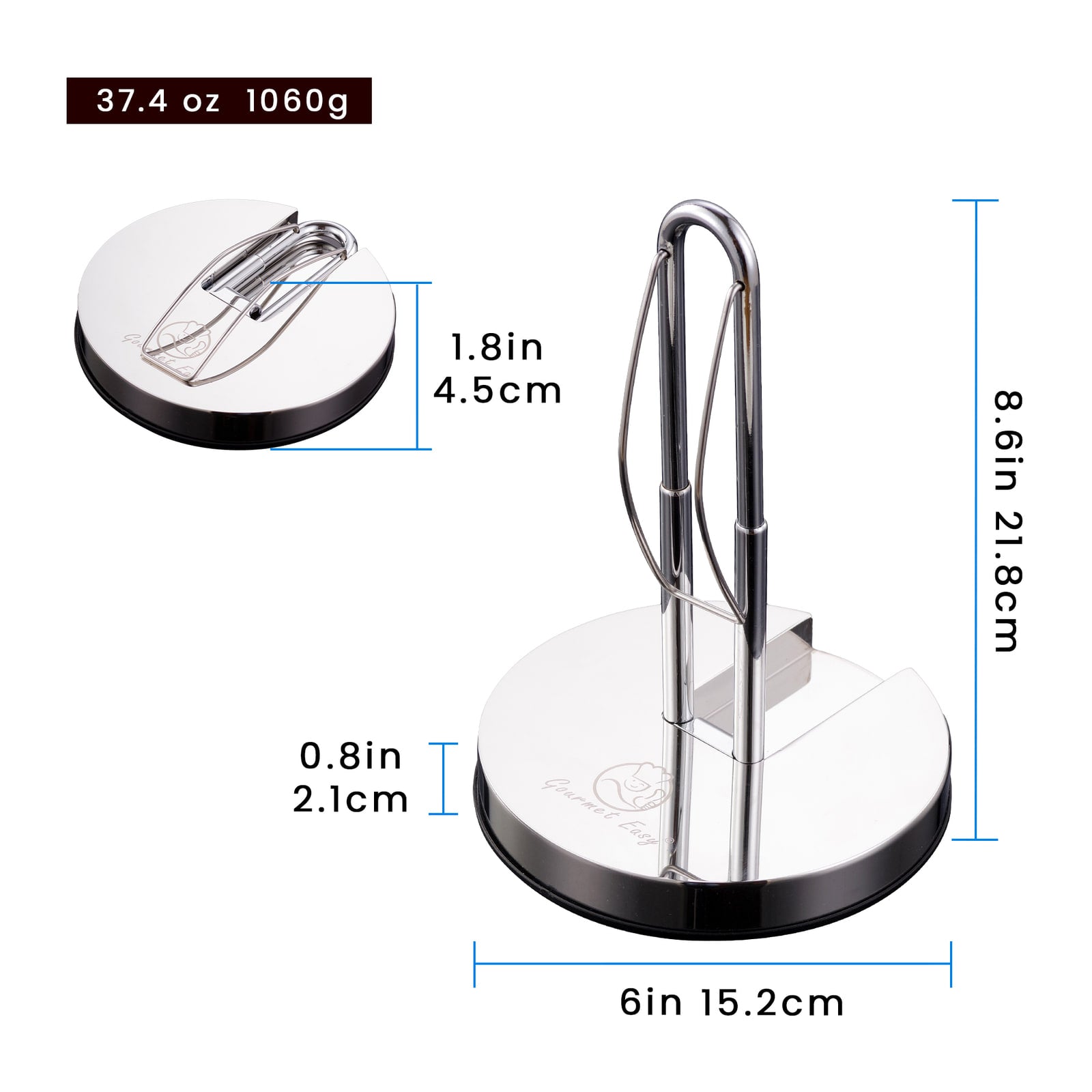 Kitchen Paper Towel Holder dimensions: 8.6 in tall, 6 in base, 37.4 oz