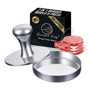 Gourmet Easy Burger Patty Maker with its 2-in-1 gift box and stacked raw patties