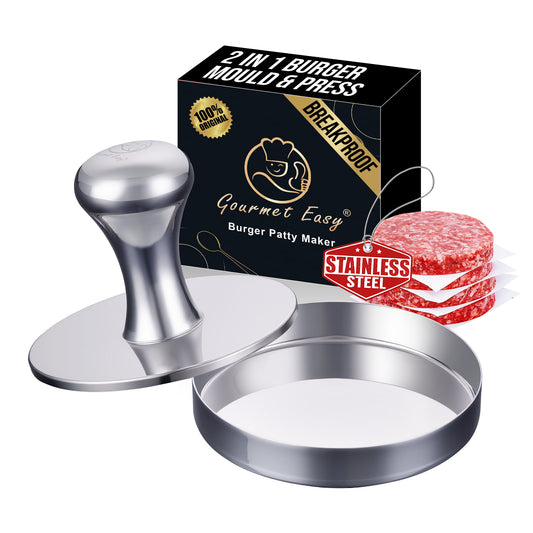 Gourmet Easy Burger Patty Maker with its 2-in-1 gift box and stacked raw patties