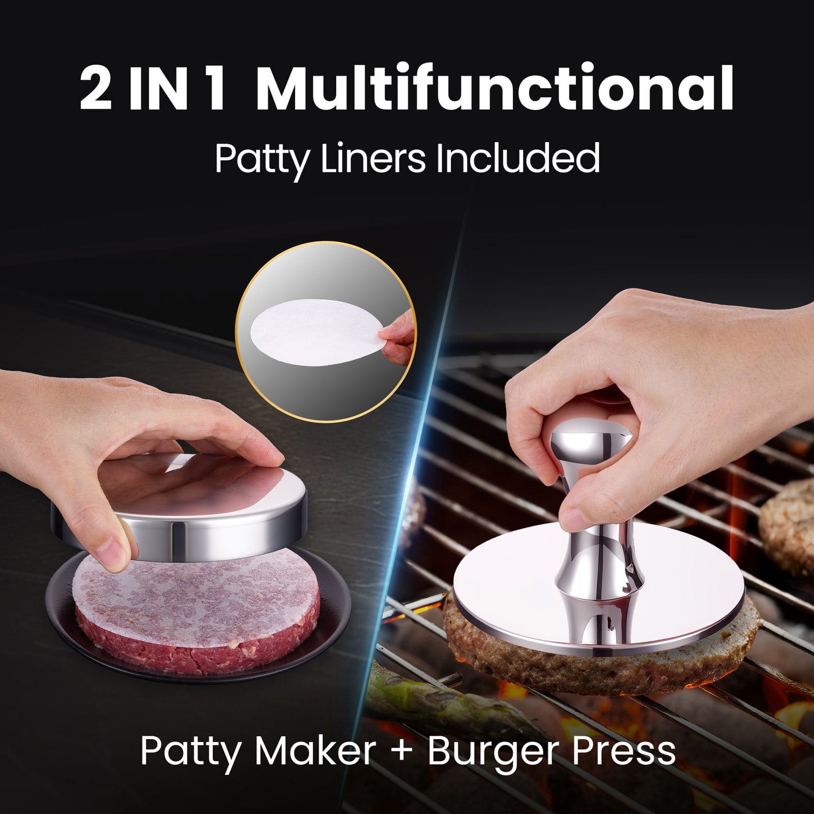 2-in-1 multifunctional patty maker and burger press, patty liners included