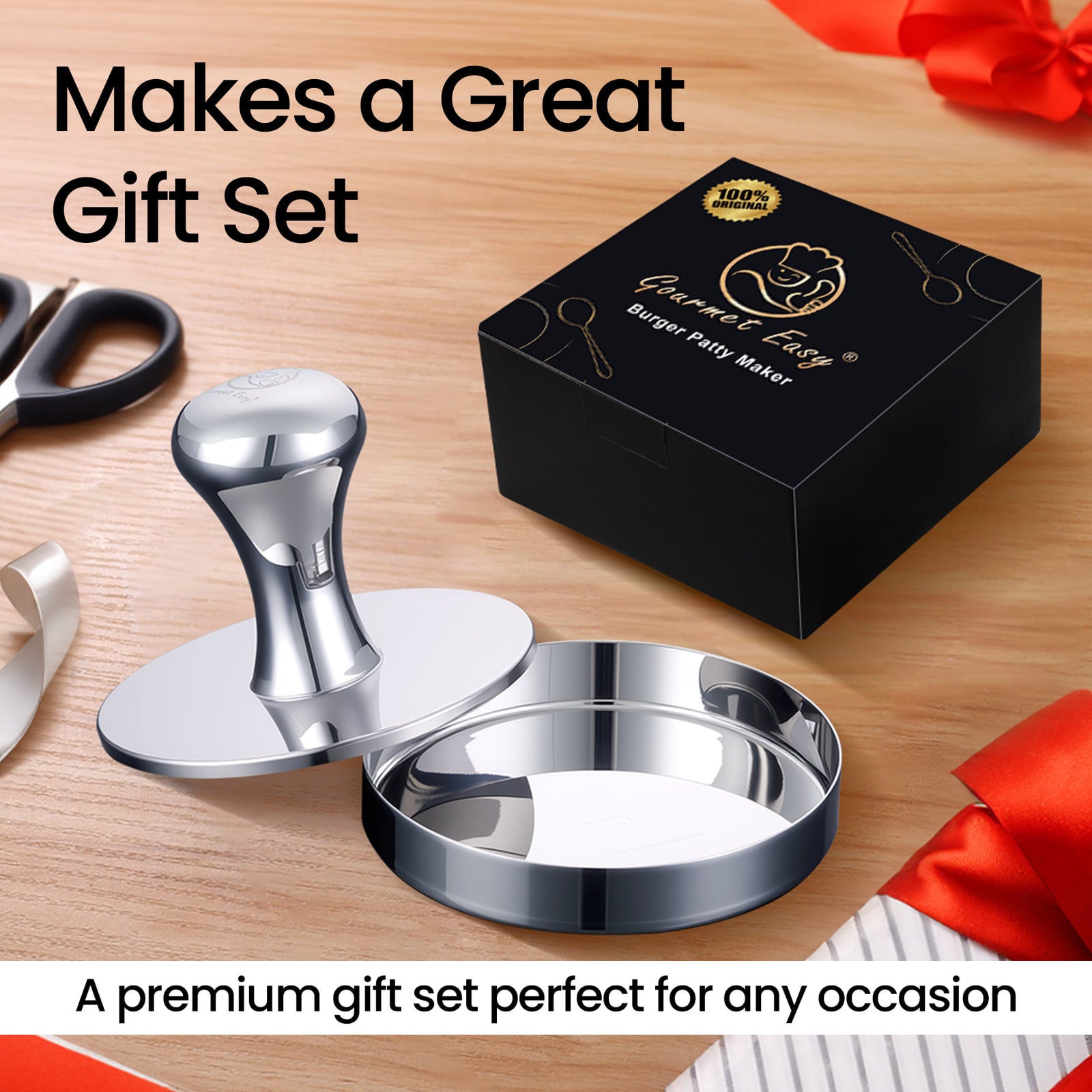 Burger Patty Maker presented in a black gift box with ribbon