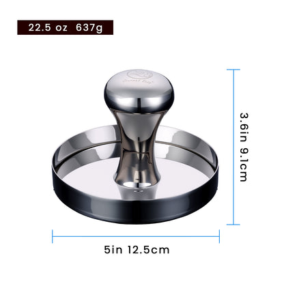Burger Patty Maker dimensions: 5 in across, 3.6 in tall, 22.5 oz
