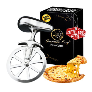 Gourmet Easy Pizza Cutter with its gift box and a cheese pizza