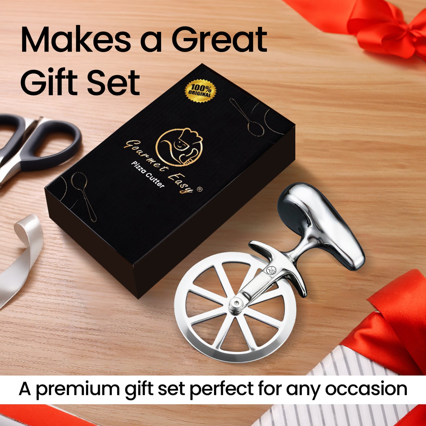 Pizza Cutter presented in a black gift box with ribbon