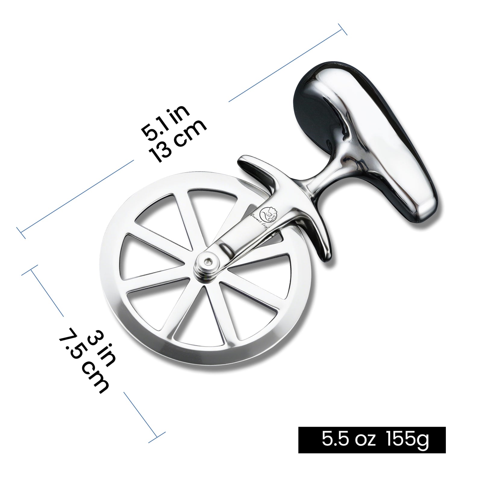 Pizza Cutter dimensions: 5.1 in long, 3 in wheel, 5.5 oz