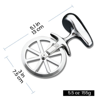 Pizza Cutter dimensions: 5.1 in long, 3 in wheel, 5.5 oz