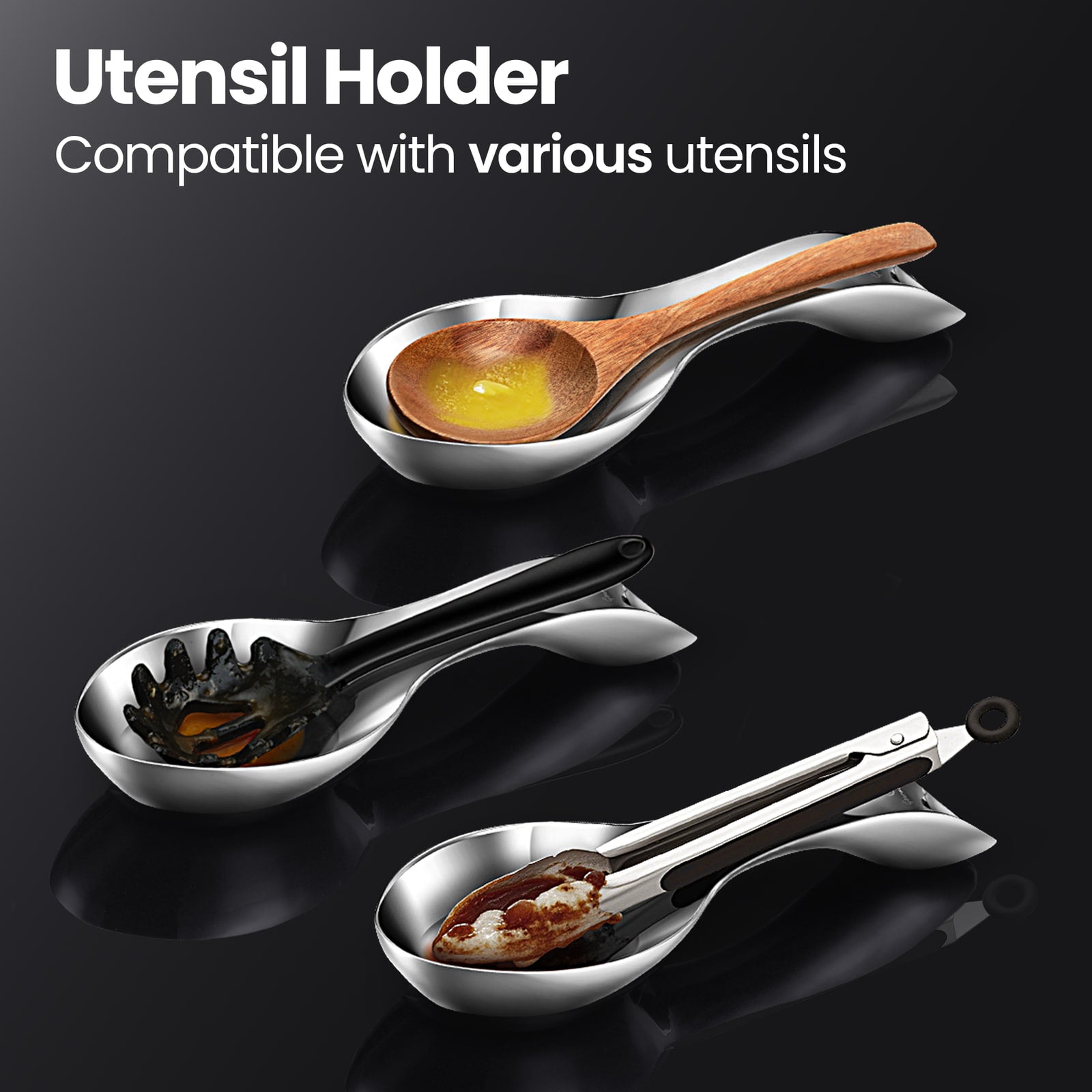 Utensil holder compatible with spoons, slotted spoons and tongs