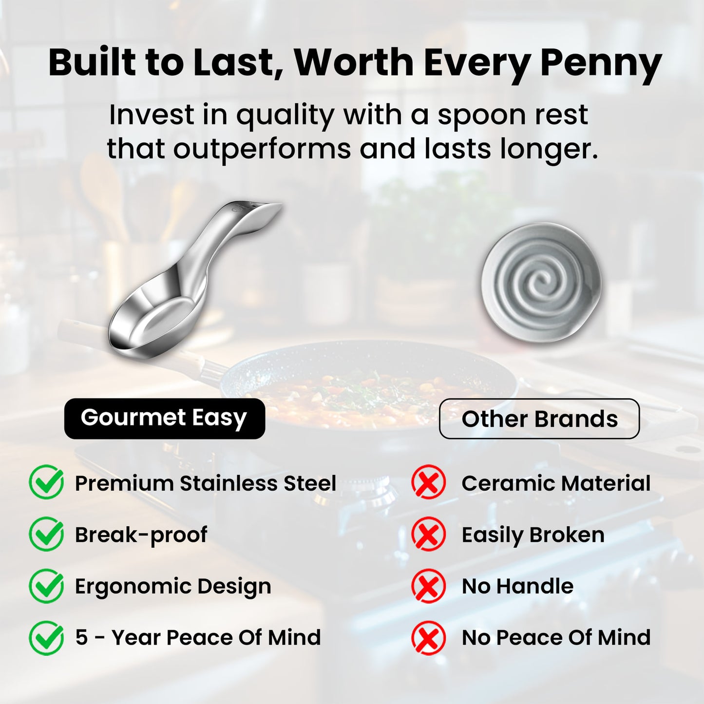 Comparison chart: Gourmet Easy Spoon Rest against ceramic spoon rests