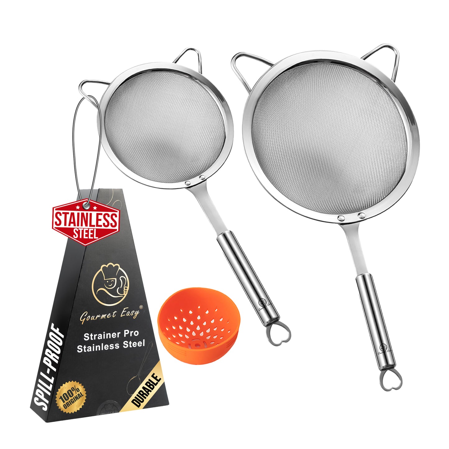 Gourmet Easy Stainless Steel Strainer Set: two mesh strainers and an orange silicone can strainer