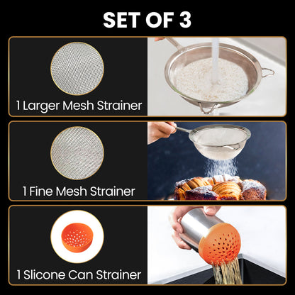 Set of three: one larger mesh strainer, one fine mesh strainer, one silicone can strainer